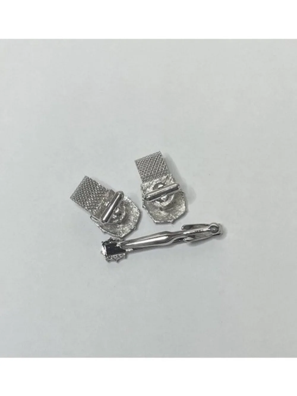Vintage Mesh Cufflinks/Tie Clip Set Blue Rhinestone Silver Tone Retro MCM Dapper